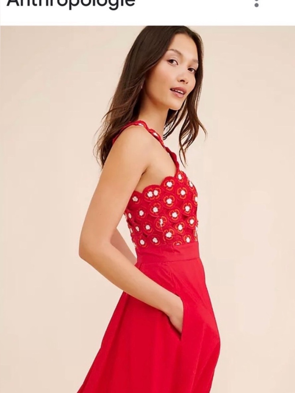 Anthropologie Red Midi Dress with White Floral Design
